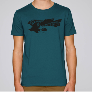 Batman Changing Flat Tire T-Shirt - Humorous Design by Meeplings