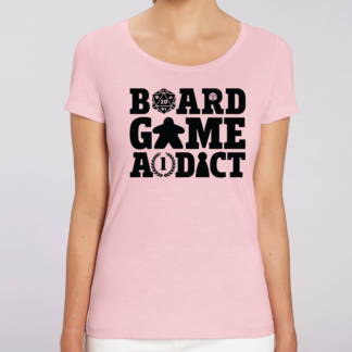 Board Game Addict T-Shirt Design with D20, Meeple, and Dice Symbols